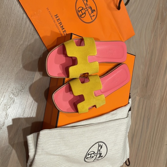 BNIB AUTHENTIC HERMES Suede Yellow & Pink Coral Orans SZ. 37.5 or 7.5 - Picture 7 of 13